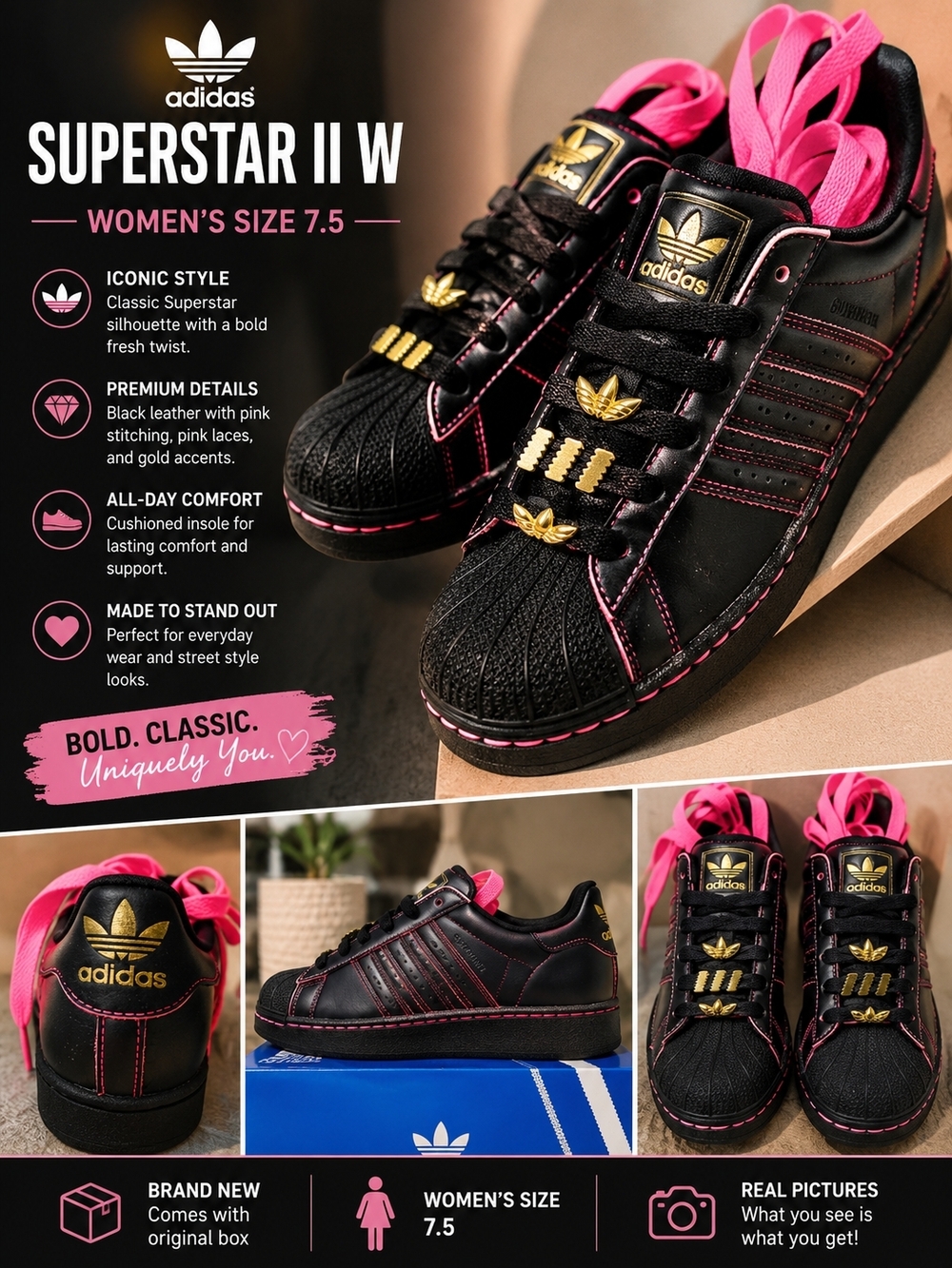 adidas Superstar II W Black Leather Sneakers with Pink Accents and Gold Hardware